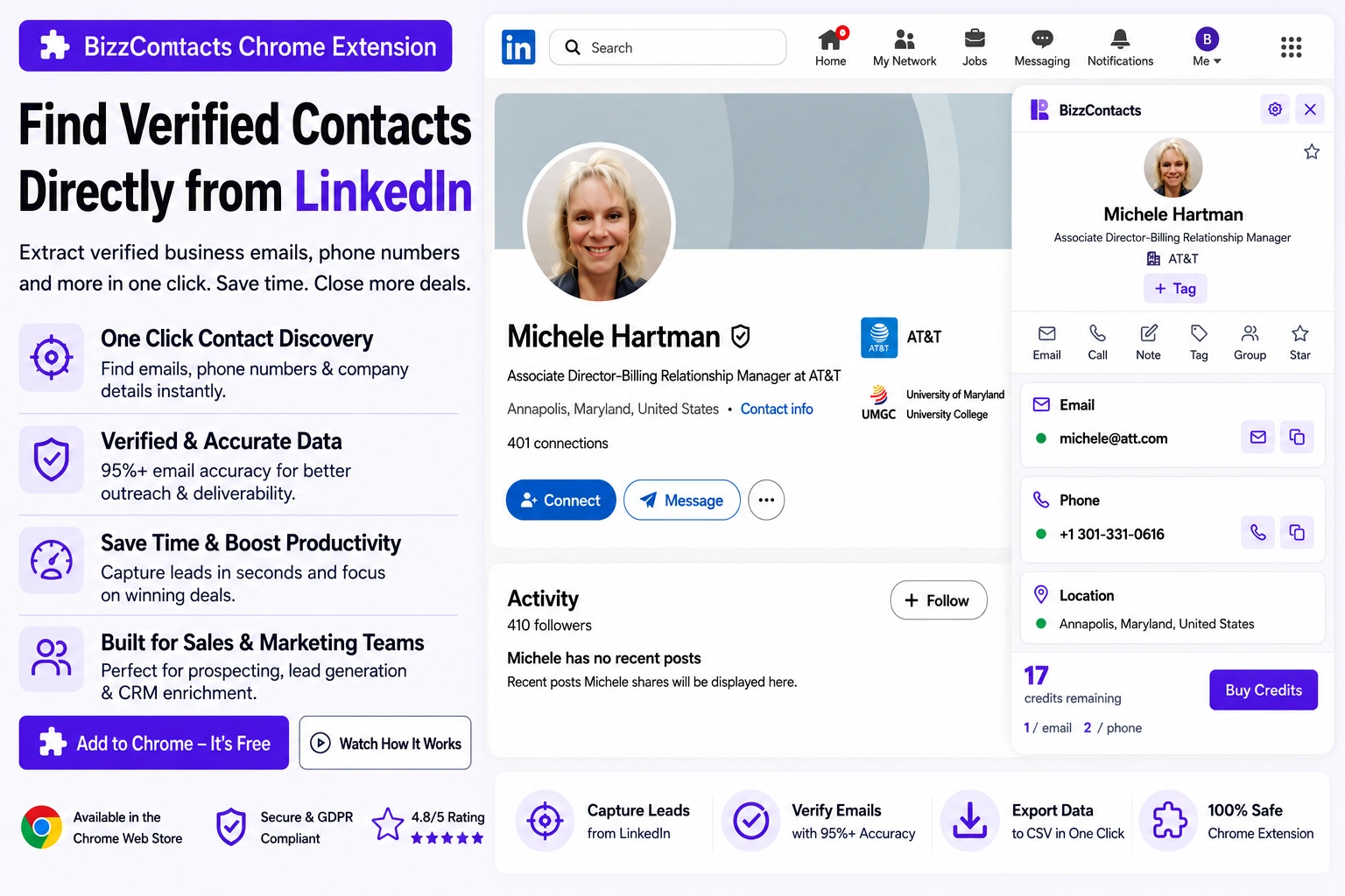 BizzContacts Chrome extension revealing verified email and phone number on a LinkedIn profile